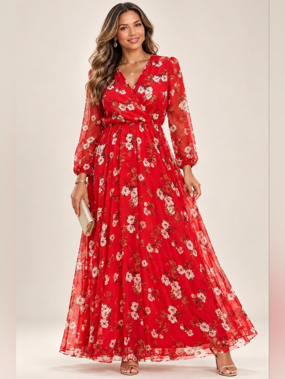 Indigo Rose Red Floral Sheer Maxi Dress Long Sleeve Boho Romantic Size XL